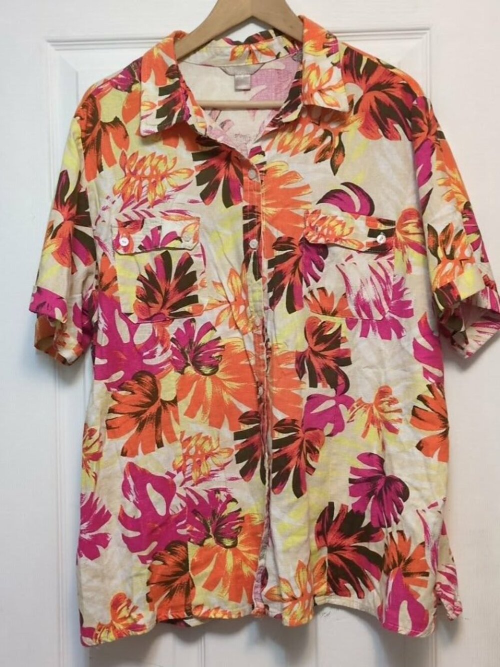 Vintage White Stag Tropical Monstera Print Linen Blend Camp Shirt Sz XXL Hawaii